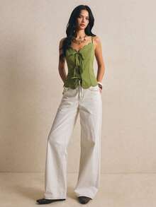 Poéselle Women's New Solid Color Front Tie-Up Shell Edge Design Pure Cotton Slub Woven Fashion Camisole - Green - View 7