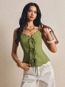 Poéselle Women's New Solid Color Front Tie-Up Shell Edge Design Pure Cotton Slub Woven Fashion Camisole - Green - View 8