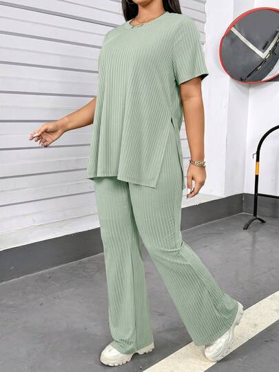 Shapeblank Plus Size Women's Spring And Summer Fashion Casual Sports Comfortable High Elastic Black Basic Style With Pockets Daily Short-Sleeved T-Shirt And Pants Two Pieces Set,Airport Outfit For Women,Pant Set,Street Wear,Church Clothes Women,Lounge Sets For Women,Y2k Clothes,Summer Outfits For Women