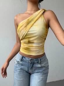 Aloruh Áo croptop nữ kiểu dáng thanh lịch, gợi cảm, in họa tiết tie-dye, chất liệu lưới, ôm sát, xếp ly, thắt nơ phía trước, phong cách Y2K. - Màu vàng - Xem 5