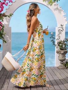 Vivid Eden Women's Backless Fruit Plaid Print Maxi Dress,Multicolor,Summer,Boho,Beach Vacation,Holiday,Holiday Spaghetti Strap Crisscross Back Slit Outfits - Yellow - View 6