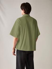 SWAVVY Men's Woven Pocket Tie Collar Short Sleeve Casual Shirt, Spring/Summer - Army Green - View 2