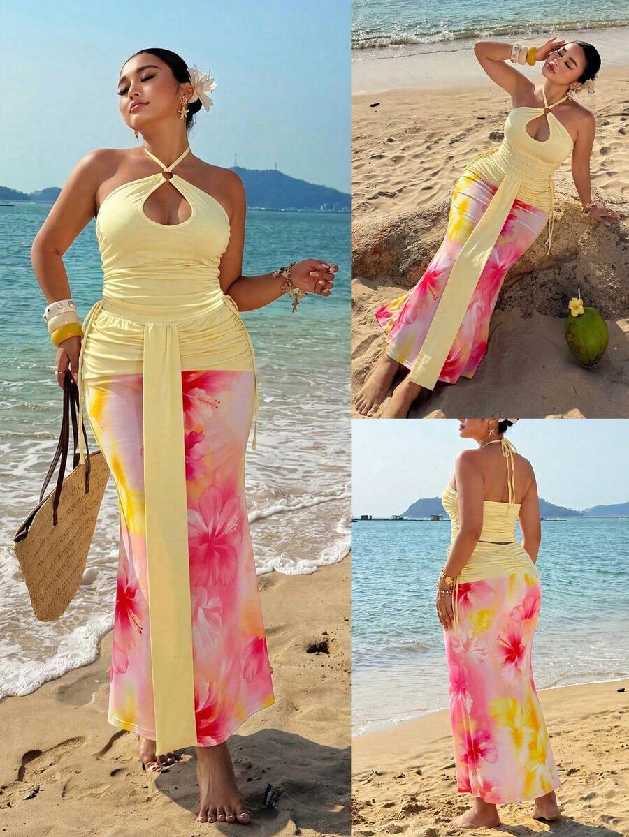 Sunnyshic Plus Size Women Brown Floral Summer Boho Vacation Holiday Soft Halter Hollow-Out Top High-Waist Wide-Leg Pants Set Matching Ribbon Decor Gym - Multicolor - View 1