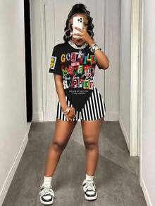 Slaydiva Bộ đồ nữ gồm áo ngắn tay in chữ và quần short kẻ sọc, kiểu dáng thường ngày. - Nhiều màu - Xem 5