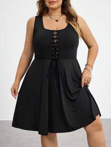 SHEIN CURVE+ 大码朋克风系带短裤和针织弹力紧身连衣裙 - 黑色 - 查看 6