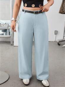 SHEIN EZwear 大码纯色斜插口袋休闲基础款西装裤，雾霾蓝，高腰夏季长裤 - 霧霾藍 - 查看 3