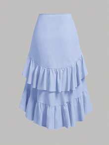 SHEIN Girlism 少女宽松休闲层叠荷叶边不对称下摆中长裙 - 藍色 - 查看 7