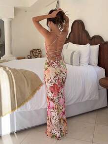 Firerie Women's Black And White Leopard Print Summer Boho Tropical Vacation Holiday Floral Draped Neck Criss-Cross Backless Maxi Dress,Mesh Elastic Fabric - Multicolor - View 8