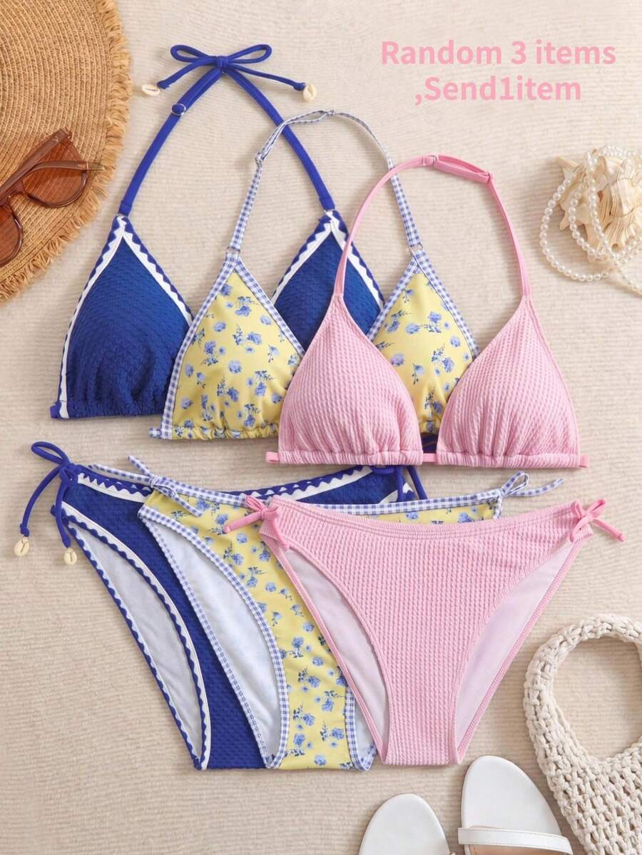 SHEIN 随机3件商品,赠送1件夏季新款碎花简约时尚吊带比基尼套装,沙滩时尚 - 彩色 - 查看 1