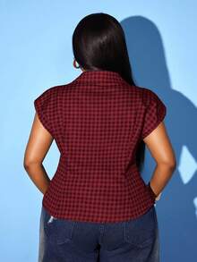 Maweii Plus Size Retro Sexy Deep V Plaid Print Cinched Waist Shirt Dates Night Black Summer - Burgundy - View 2