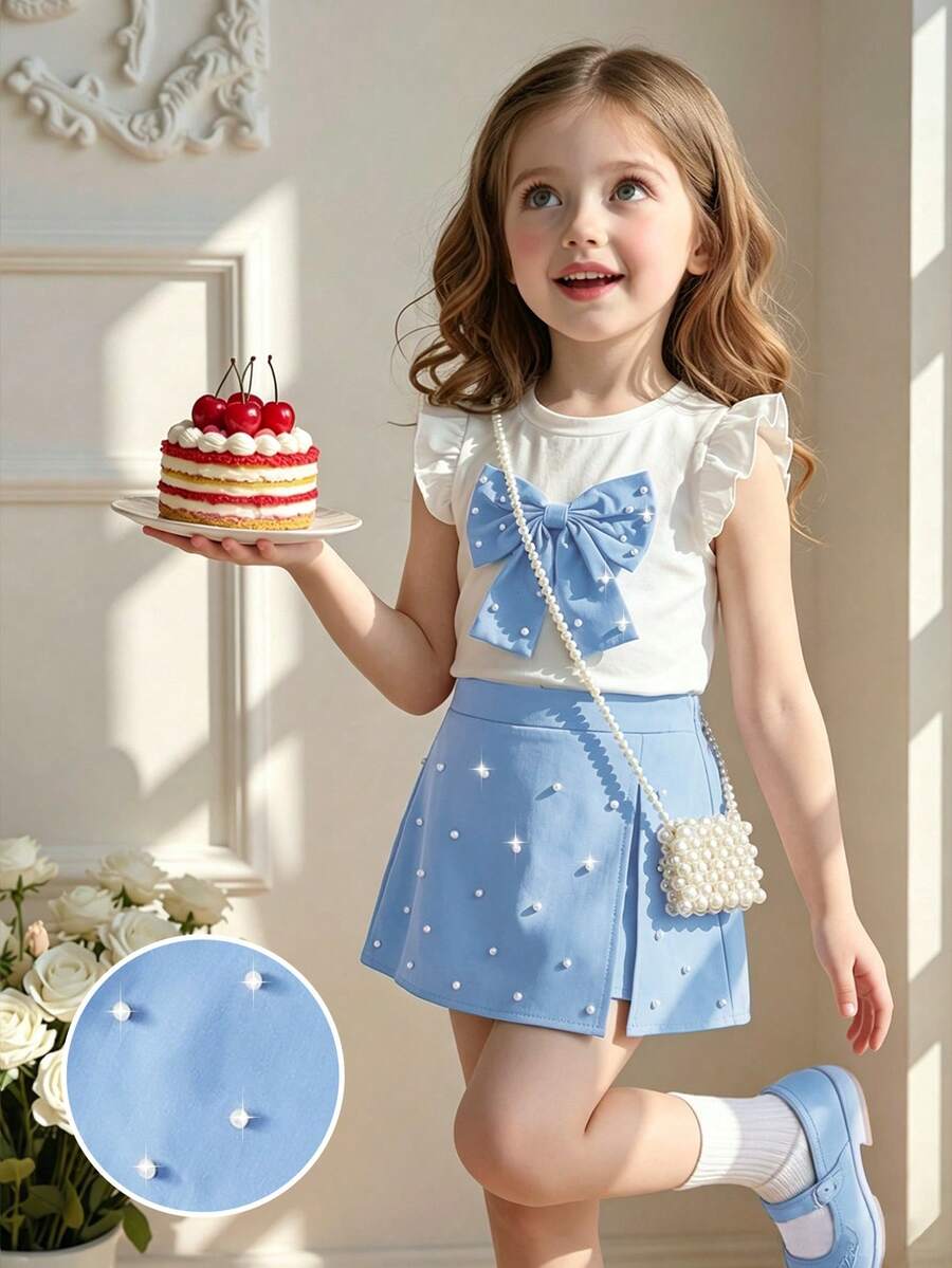 Elladie kids 4-7岁女童两件套:可爱蝴蝶结装饰串珠短袖上衣和松紧腰串珠开衩短裤,适合日常生活、派对和其他场合。 - 藍色 - 查看 1