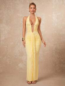 Lumalex Women's Elegant Solid Color Lace Patchwork Backless Dress, Summer Party Night Pale Yellow.Suitable For Wedding Guests - Pale Yellow - View 7