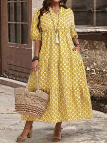 EMERY ROSE Plus Size Women V-Neck Allover Print Ruched Casual Party Summer Dress - Yellow - View 1