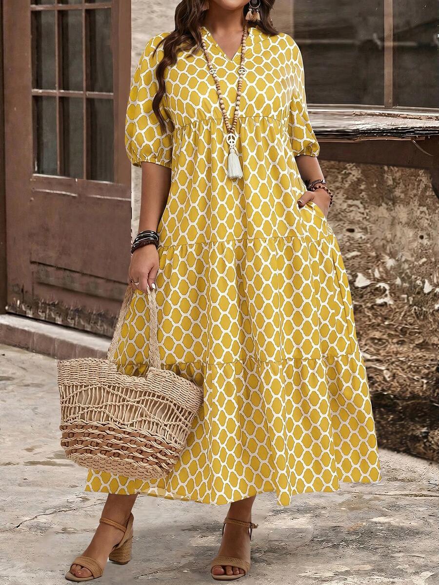 EMERY ROSE Plus Size Women V-Neck Allover Print Ruched Casual Party Summer Dress - Yellow - View 1