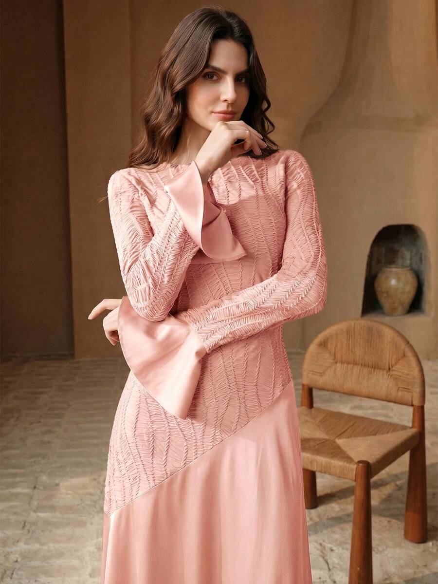 Anewsta Elegant Vintage Round Neck Flare Sleeve Asymmetric Hem Dress For Women, Spring/Summer New Arrival - Pink - View 1