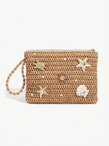 Viva Strut 1 chiếc ví cầm tay kiểu Bohemian phong cách nghỉ dưỡng, làm từ vỏ bắp ngô, trang trí hình sao biển đính đá, túi xách dự tiệc cho nữ, ví cầm tay dệt thủ công mùa xuân hè, trang trí hình sao biển, ngọc trai và vỏ sò, túi xách làm từ vỏ bắp ngô cho nữ. - Nhiều màu A - Xem 4