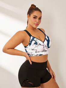 SHEIN Velisys 2pcs/Set Plus Size High Support Sports Bra, Ink Painting Floral Print, Moisture-Wicking, Adjustable Straps, Racerback Design - Multicolor - View 7