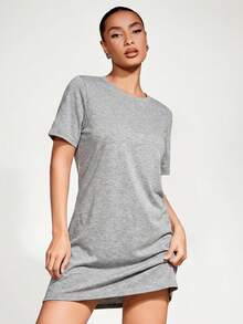 SHEIN BASICS 纯色圆领短袖简约设计休闲百搭夏季T恤连衣裙 - 淺灰色 - 查看 8