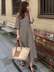FRIFUL Women's Geometric Print V-Neck Dress - Black - View 3