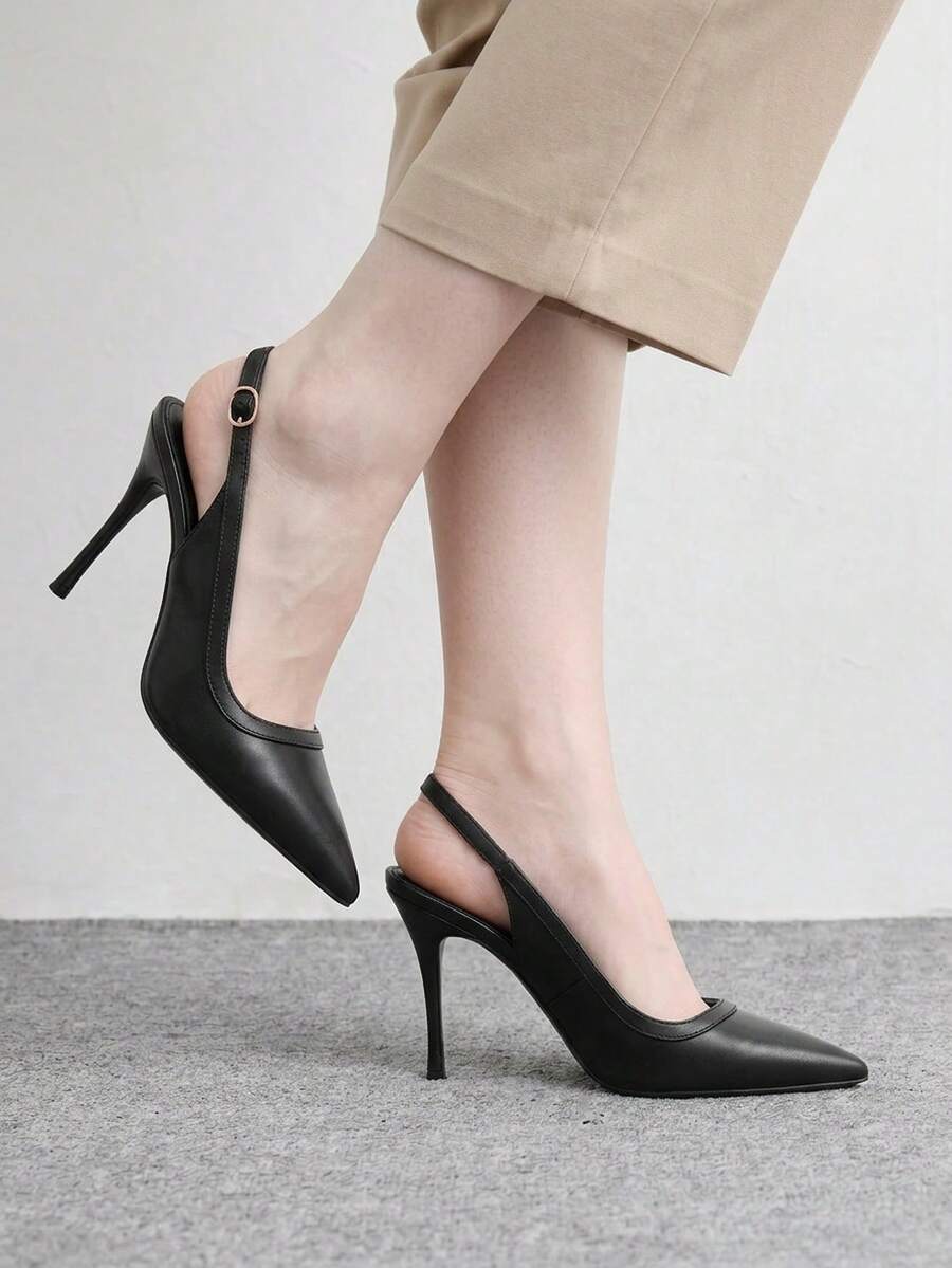CUCCOO BIZCHIC Stilettos de punta fina, hebillas metálicas, tacones delgados para ir al trabajo, desplazamientos y citas - F54 lista uno negro - Ver 1