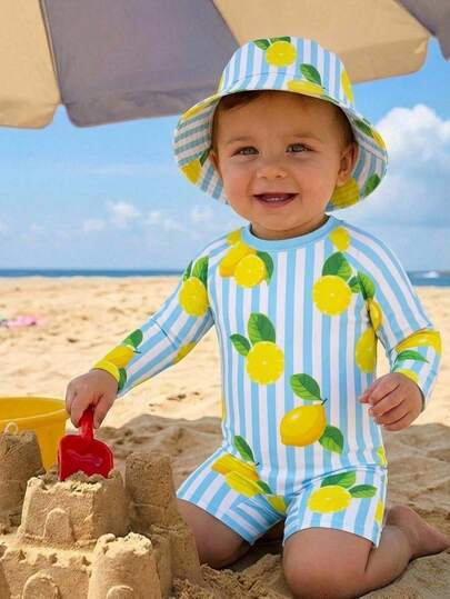 SHEIN Bañador de manga larga con estampado de limón y rayas, cómodo y lindo, adecuado para exteriores, vacaciones, natación, aguas termales, playa, surf, primavera/verano, para niño/niña