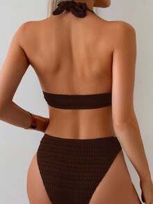 Swim Basics Women's Solid Color Swimwear Set For Vacation & Beach - Coffee Brown - View 2