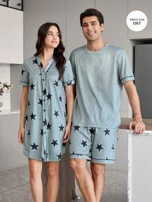 CoupledUp Conjunto de Pijama Masculino Casual com Estampa de Estrela, Manga Curta Solta e Shorts - Cinza - Visão 4