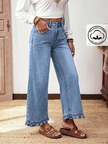 EMERY ROSE Plus Size Women Street Casual Comfortable Mid-Blue Non-Stretch Ruffle Hem Straight Leg Jeans - Light Wash - View 6