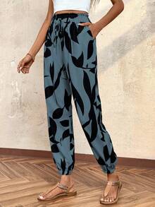 Breezaya Women's Summer Vacation Leaf Print Harem Pants - Blue - View 6