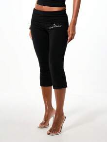 BABYPHAT Logo Kick Flare Low Rise Capri Leggings With Fold-Over Waistband And Script Branding Detail - Black - View 4