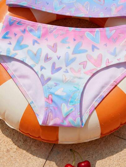 SHEIN 2pcs/Set Young Girl Cute Colorful Heart Print Swimsuit