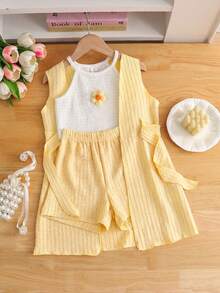 SHEIN Elladie kids 女童夏季三件套：無袖短版上衣、直筒短褲及薄針織外套，附腰帶裝飾，休閒舒適 - 黃色 - 查看 5