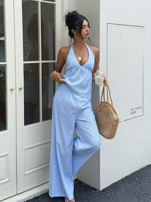 Aloruh Women's Striped Halter Tie Sleeveless Casual Fashion 2 Pieces Set, Summer - Blue and White - View 6