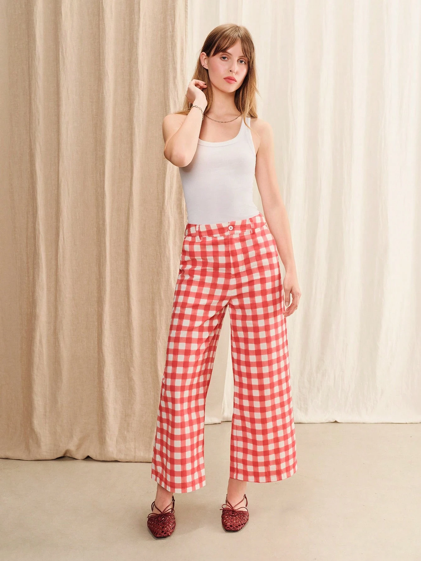 High Waisted Red Checkered Printed Cotton Pants With Wide Legs Cute French Spring Summer Holiday Outfit Work Outfit Vintage Outfit Red Check Pants