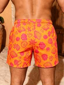 Azuldrift Men's Shell Print Drawstring Waist Beach Shorts, Burnt Orange Summer Casual Holiday Vacation Hawaii Tropical Swim Bathing Couple's Date - Orange - View 3