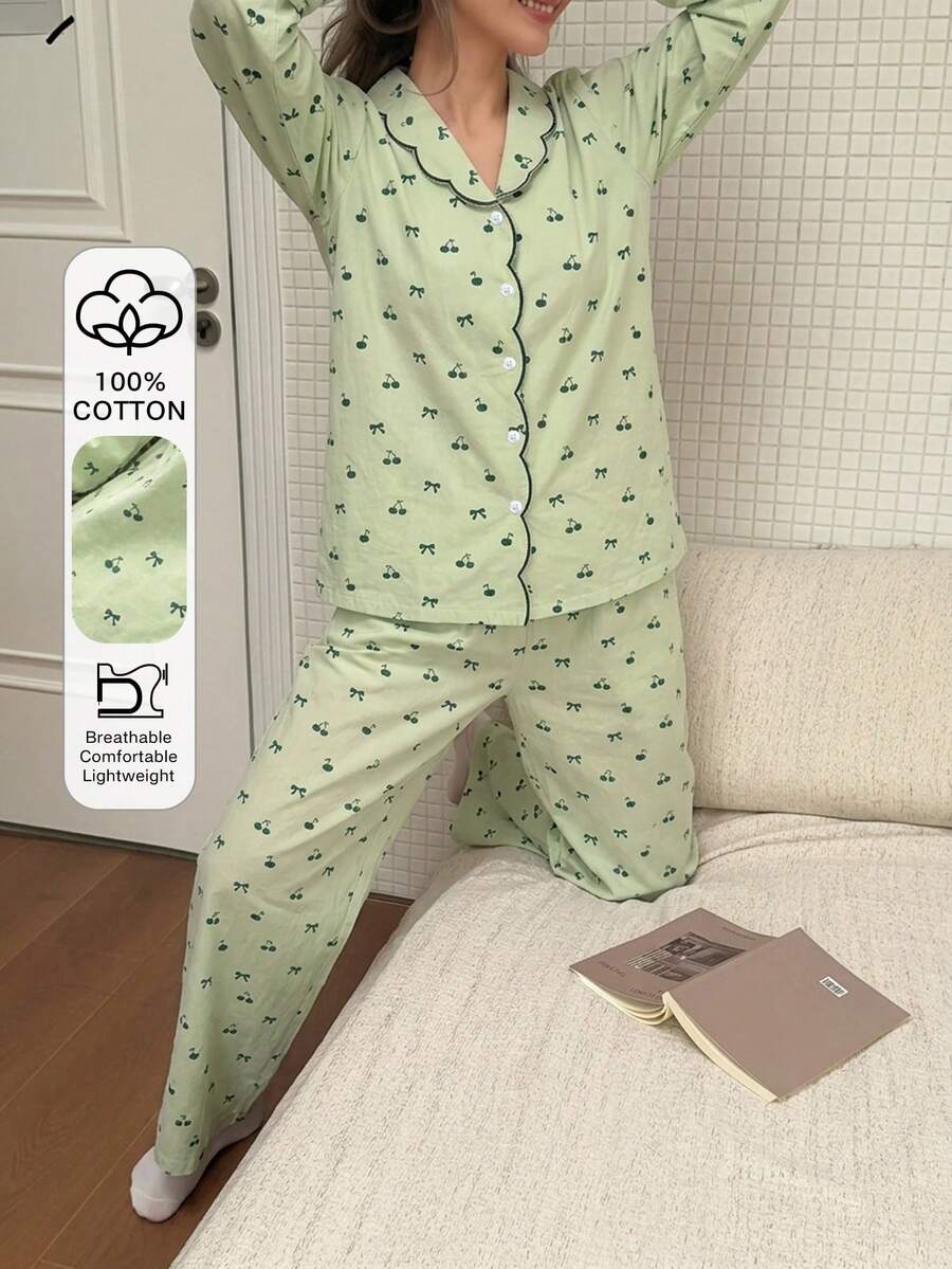 DAZY 2pcs Cute Bow & Cherry Print Contrast Color Embroidered Collar Women Pajama Set, Spring/Summer - Green - View 1