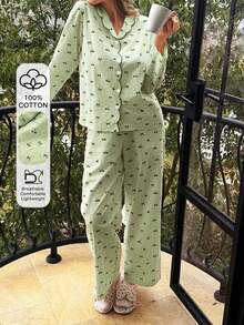 DAZY 2pcs Cute Bow & Cherry Print Contrast Color Embroidered Collar Women Pajama Set, Spring/Summer - Green - View 4