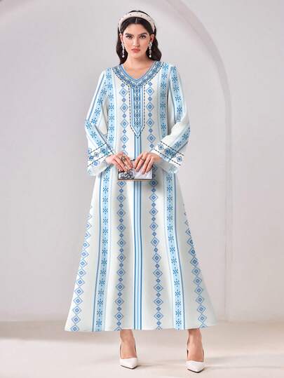 Al Najma Vestido estilo árabe modesto y casual con estampado geométrico