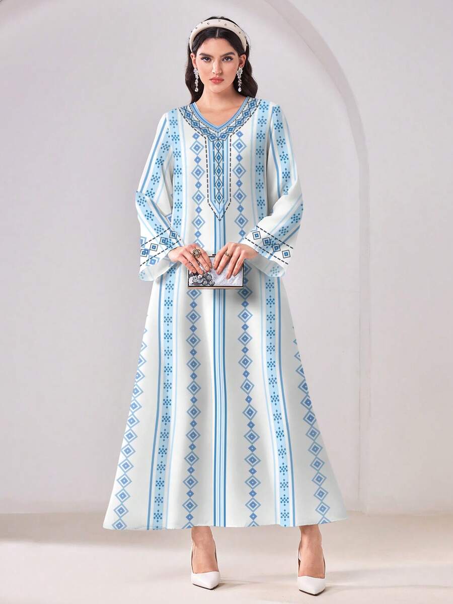 Al Najma 几何印花休闲端庄阿拉伯风格连衣裙 - 彩色 - 查看 1