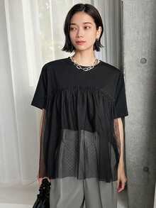 FRIFUL Women's Solid Color Round Neck Short Sleeve T-Shirt With Mesh Ruffle Hem School - Black - View 7