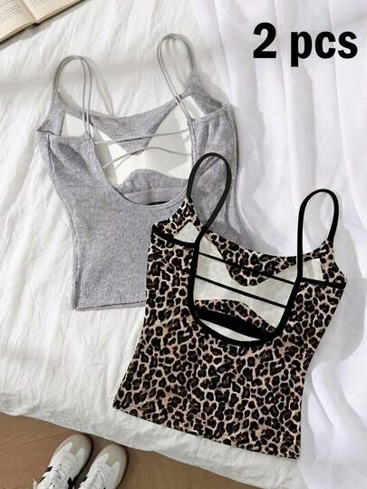 Tseoso Damen 2er Pack gerippte Camisole Tops mit eingebauter gepolsterter BH in Grau meliert & Leopardenmuster - Lässige vielseitige Trägershirts für Sommer & ganzjährigen Tragen, kuschelig weicher Girl & Clean Girl Stil, perfekt für Zuhause, Schule, Sport, Gym, Streetwear & Musikfestivals