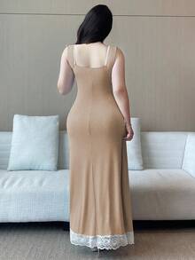 Vibekara Plus Size Diamond Collar Ribbed Contrast Ruffle Cap Sleeve Dress - Brown - View 2