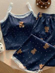 Comfortcana Plus Size 2pcs Set: Polka Dot Bear Print Camisole And Pants, Casual Loungewear For Spring/Summer - Navy Blue - View 6