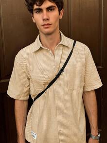 SWAVVY Woven Striped Drop Shoulder Short Sleeve Casual Button-Front Shirt, Summer - Yellow - View 5