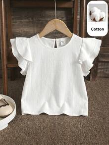 SHEIN Young Girl Woven Solid Color Round Neck Ruffle Casual Blouse - White - View 7