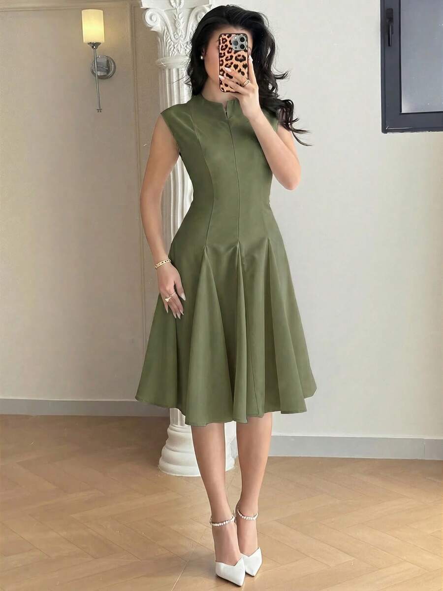Feyla 女士纯色立领无袖褶皱优雅夏季迷你连衣裙