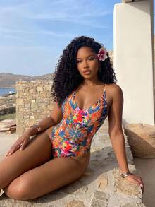 BamGleam Traje de baño de una pieza sin espalda con estampado integral para playa de verano y vacaciones - Naranja - Ver 3