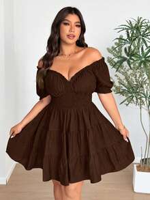 Vionelle Plus Size Woven Elegant V-Neck Puff Sleeve Ruched Dress - Coffee Brown - View 3