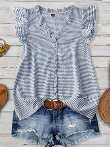 SHEIN LUNE CURVE Áo kiểu nữ cỡ lớn cổ điển kẻ caro, chất liệu vải dệt, cổ chữ V, tay cánh hoa, viền bèo nhún, dáng ôm vừa vặn, kiểu dáng thường ngày. - Màu xanh lam - Xem 3