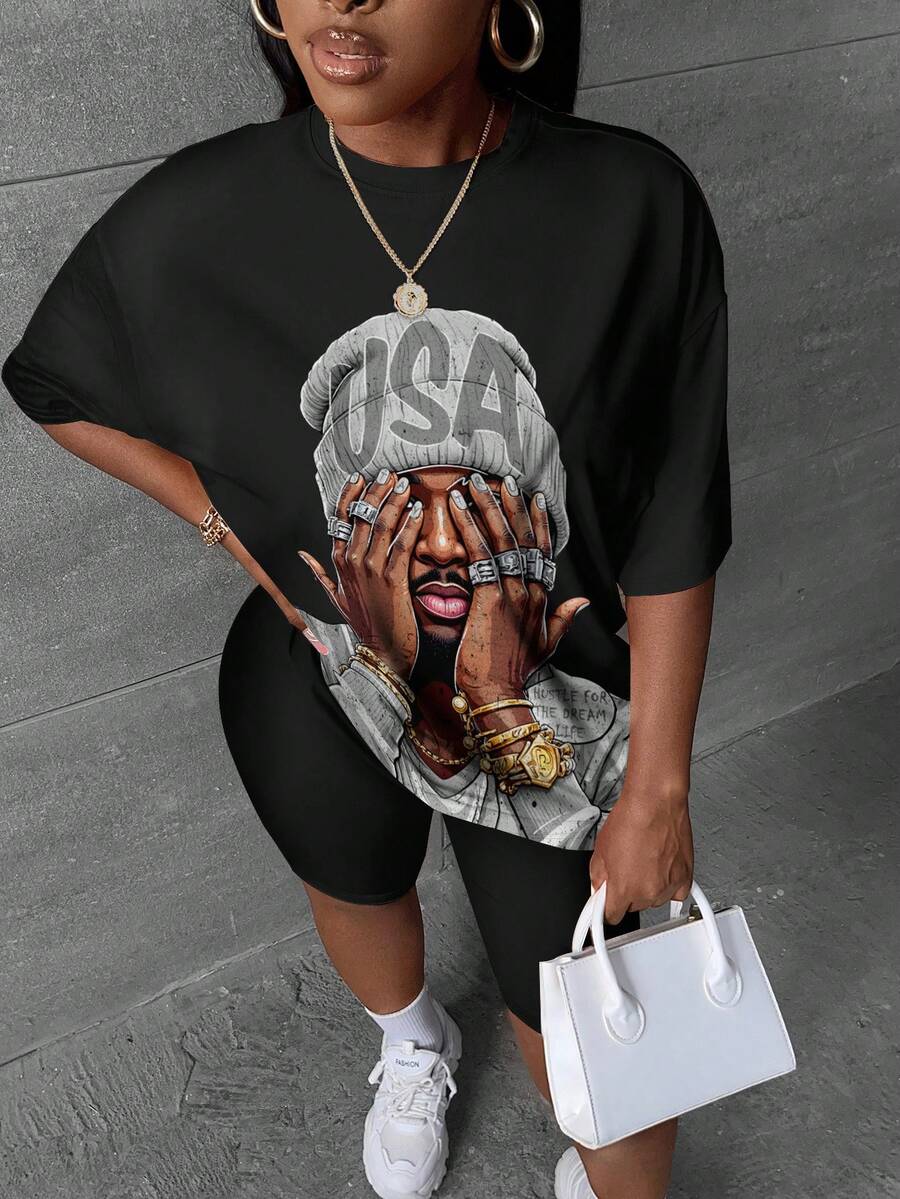 Slaydiva Bộ 2 món dành cho nữ cỡ lớn, áo thun cổ tròn và quần legging lửng, thích hợp cho mùa hè, phong cách Y2K, các lễ hội âm nhạc. - Nhiều màu - Xem 1